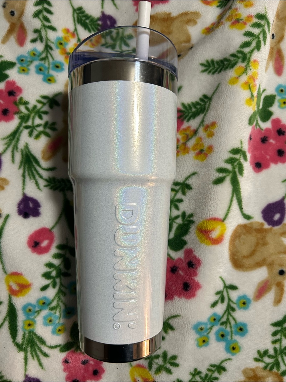 Dunkin® Iridescent White Stainless Travel Tumbler with Straw